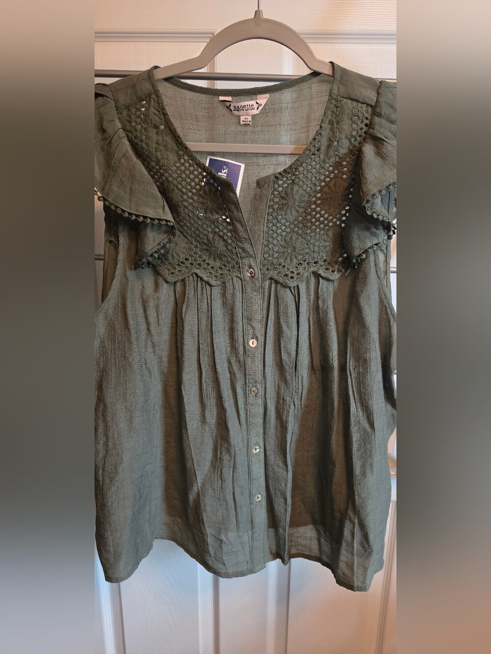Nanette Lepore Olive Green Eyelet Yoke Button-Front Top